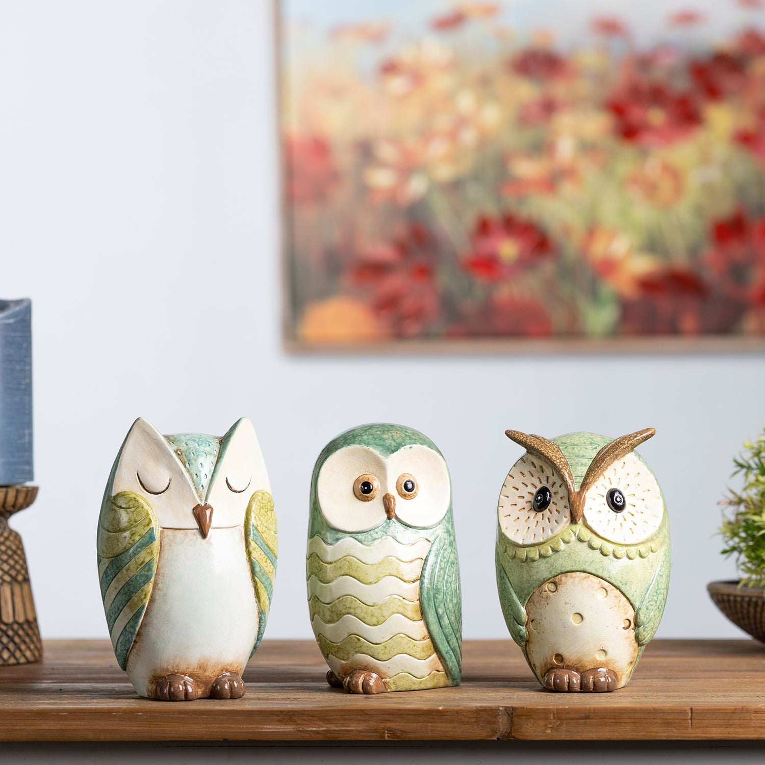 Terra Cotta Owl Figurine Set of 3