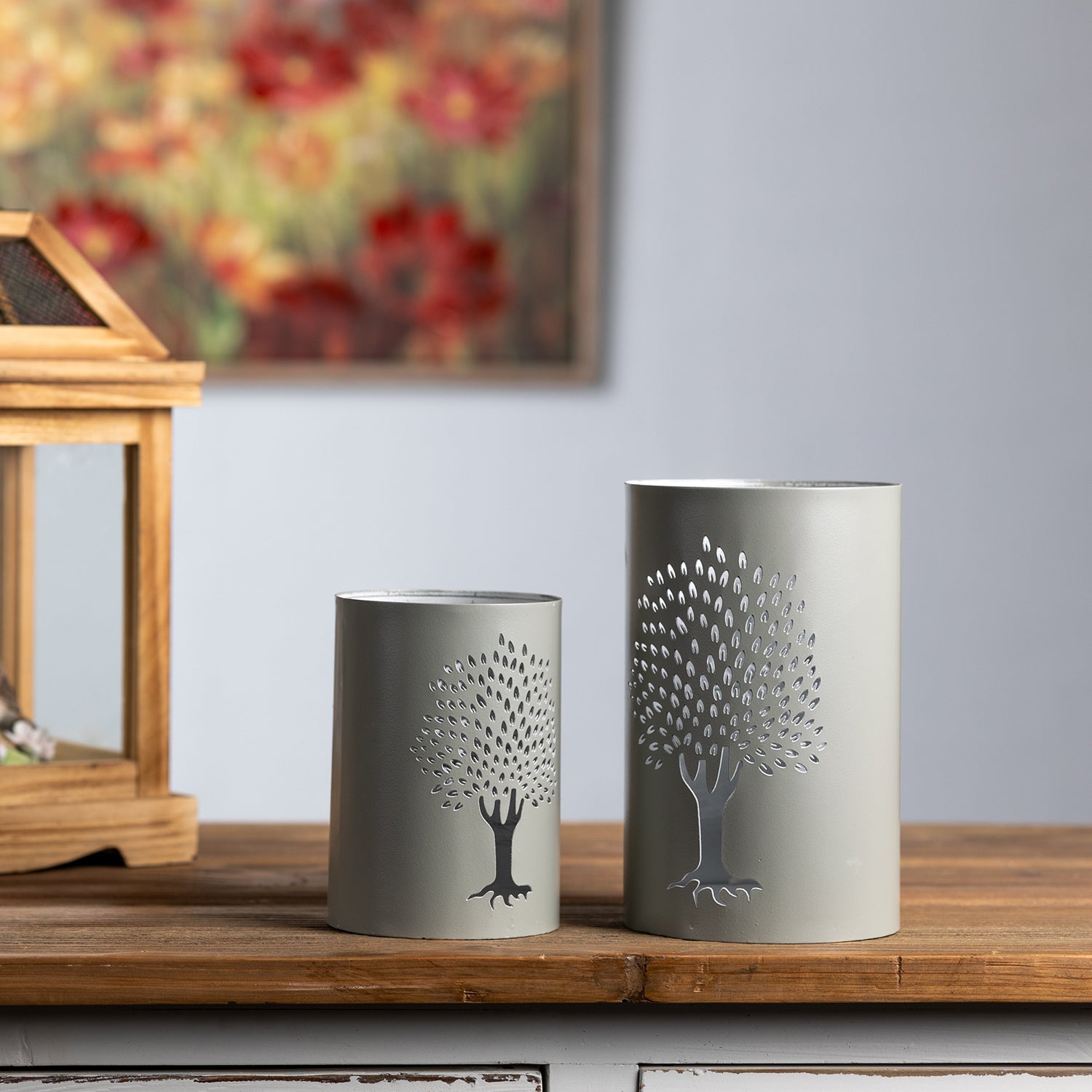 Punched Metal Tree Candle Holder Set of 2