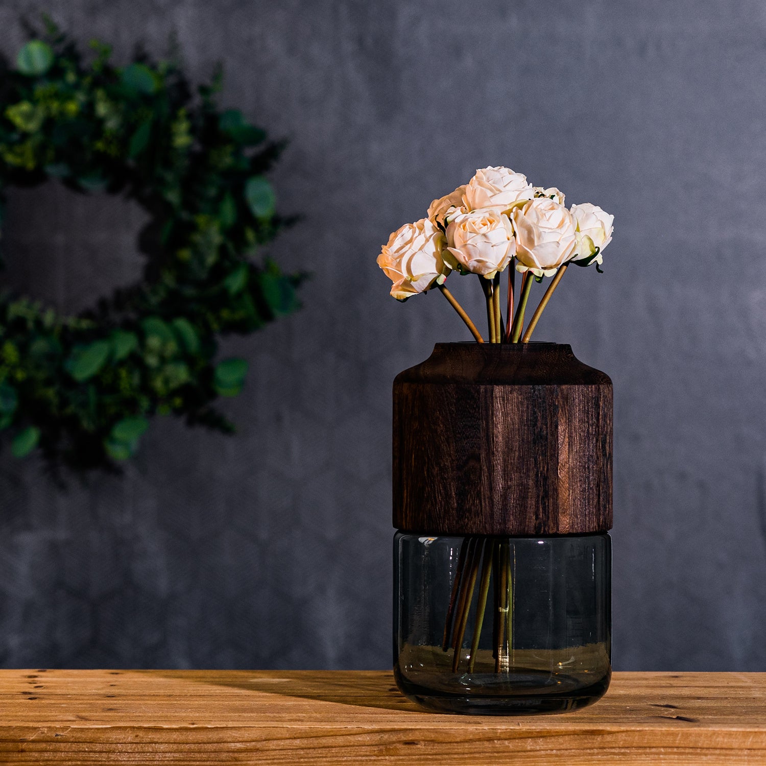 Sage Glass Vase with Wood Accent