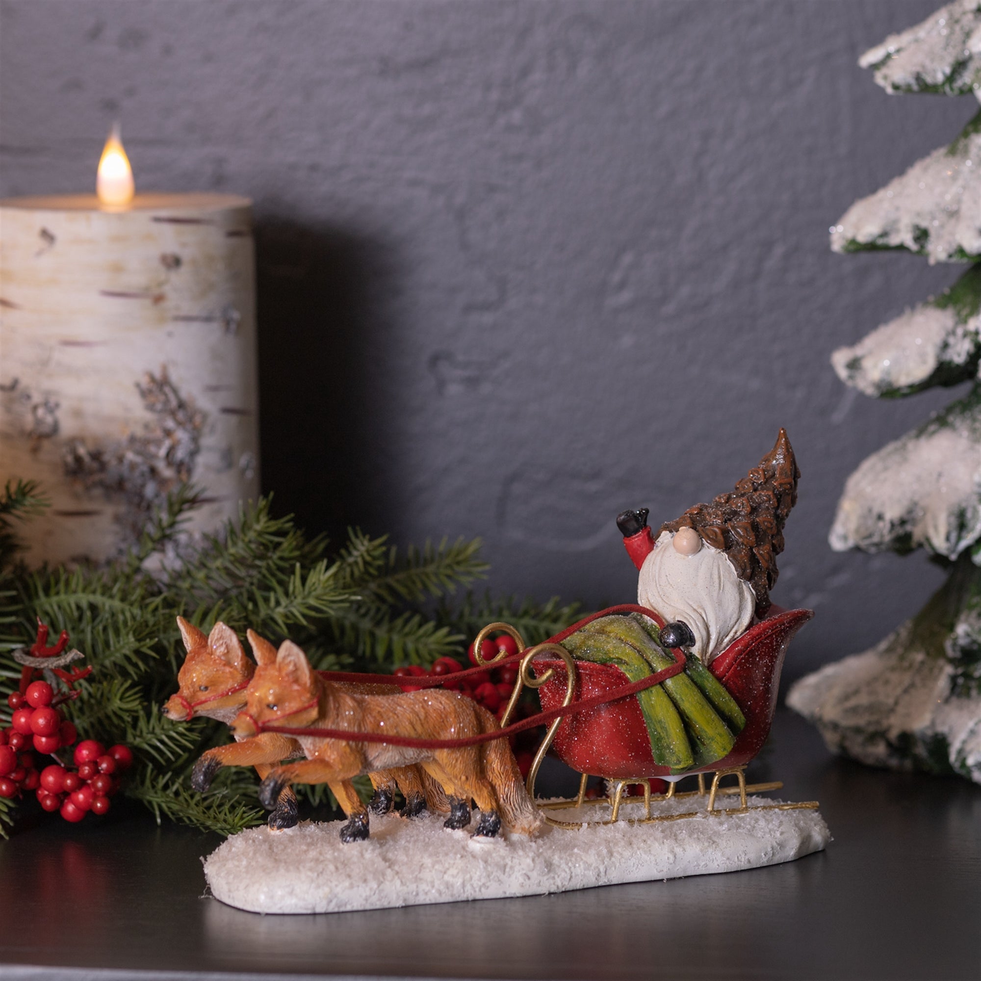 Santa Gnome with Fox Sleigh Sculpture Set of 2