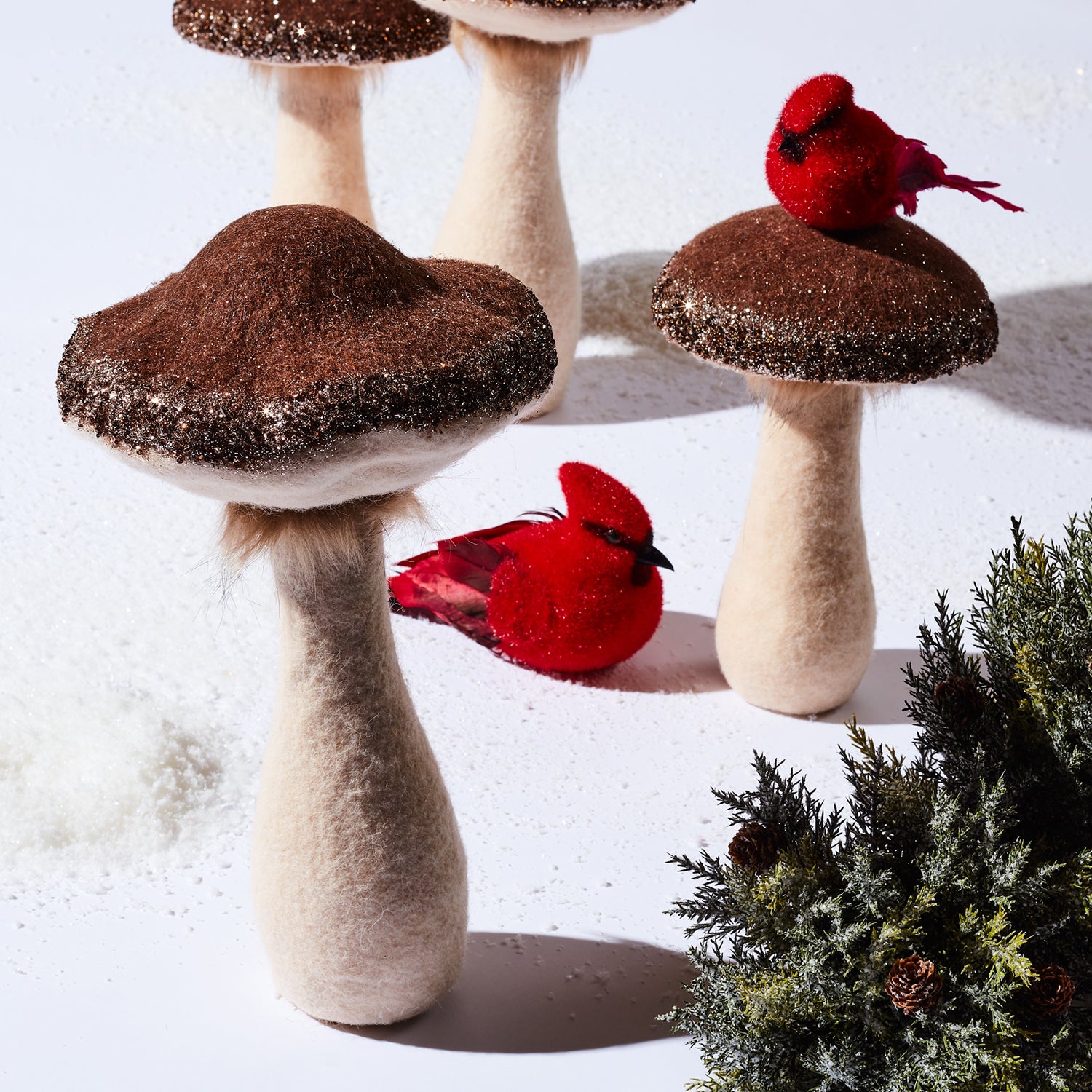 Glittered Mushroom Sculpture Set of 2