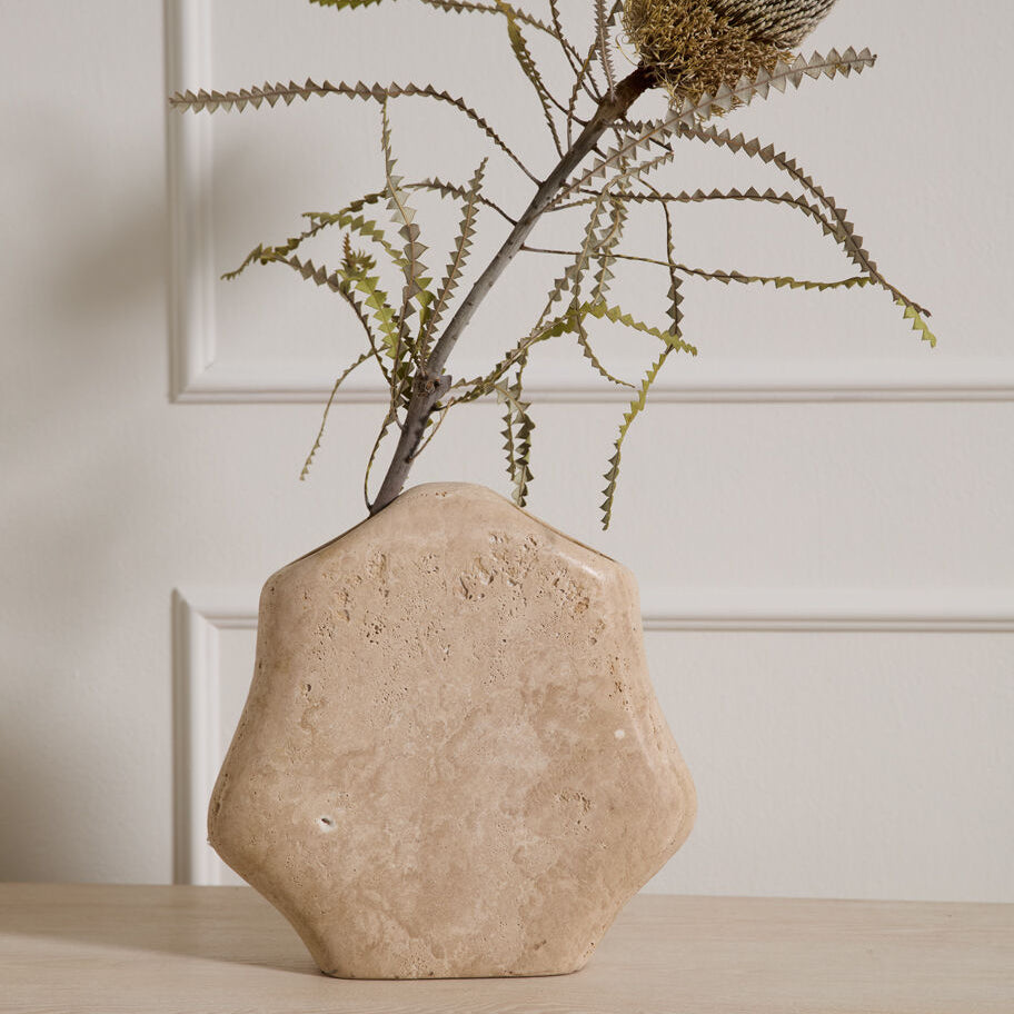 Klimt Stone Vase close-up view, brown travertine marble vase