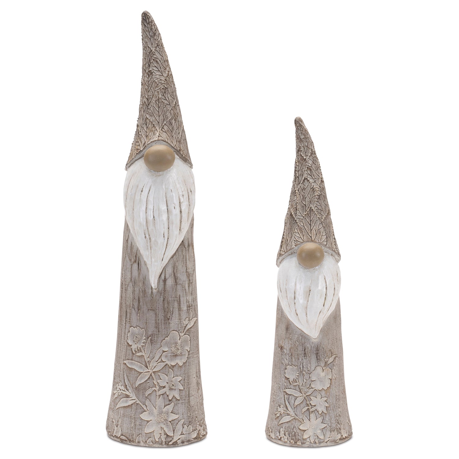 Floral and Leaf Carved Gnome Set of 2
