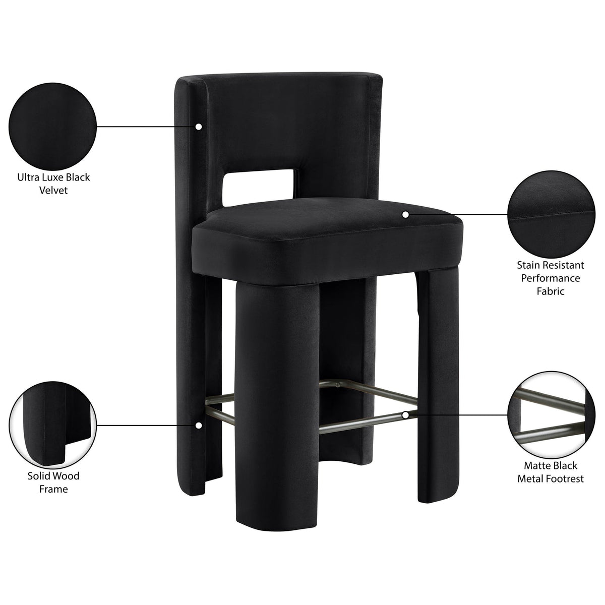 Zuno Black Velvet Performance Fabric Upholstered Counter Stool Set of 2