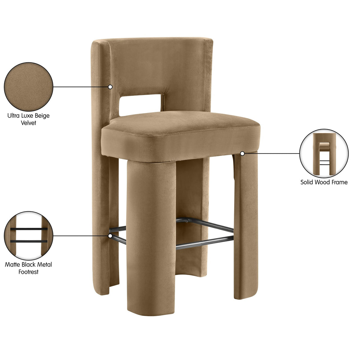 Zuno Beige Velvet Performance Fabric Upholstered Bar Stool Set of 2