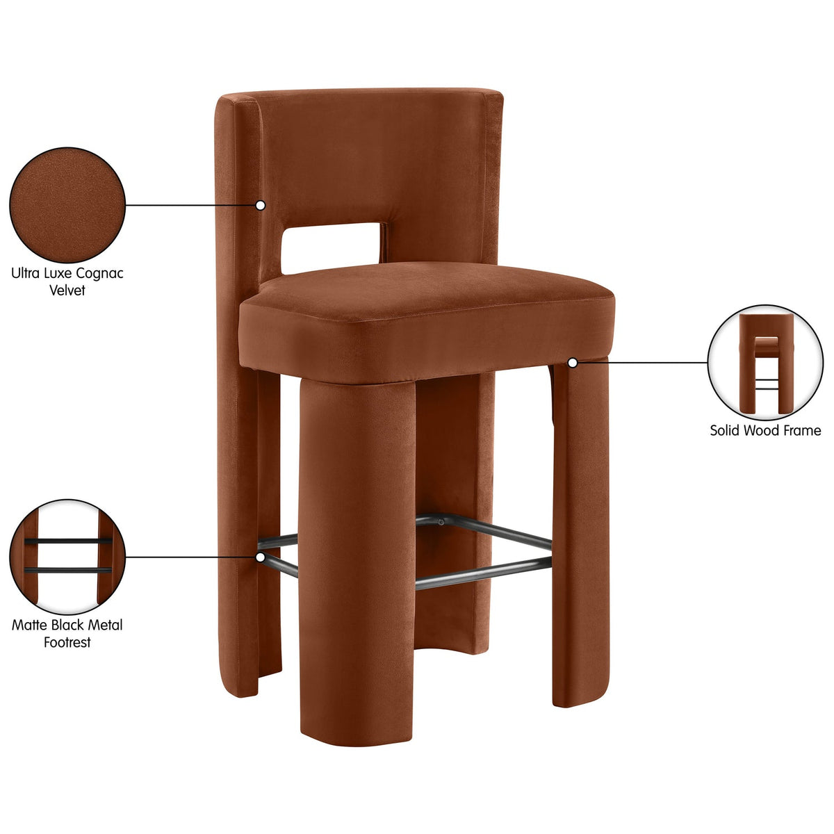 Zuno Cognac Velvet Performance Fabric Upholstered Bar Stool Set of 2