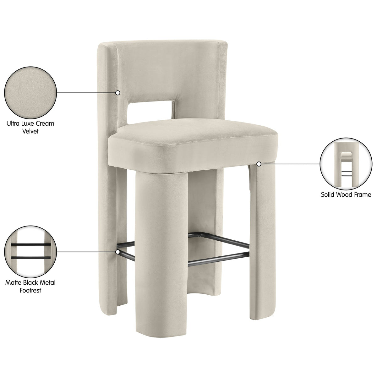 Zuno Cream Velvet Performance Fabric Upholstered Bar Stool Set of 2