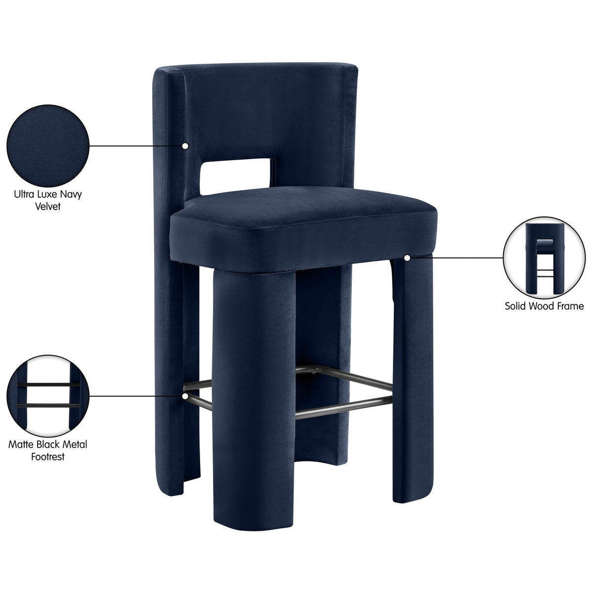 Zuno Navy Velvet Performance Fabric Upholstered Bar Stool Set of 2