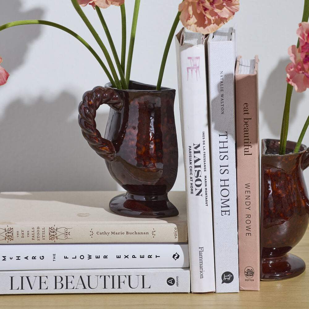 Split Vase Bookend Set alternate view, brown glossy ceramic vase bookends