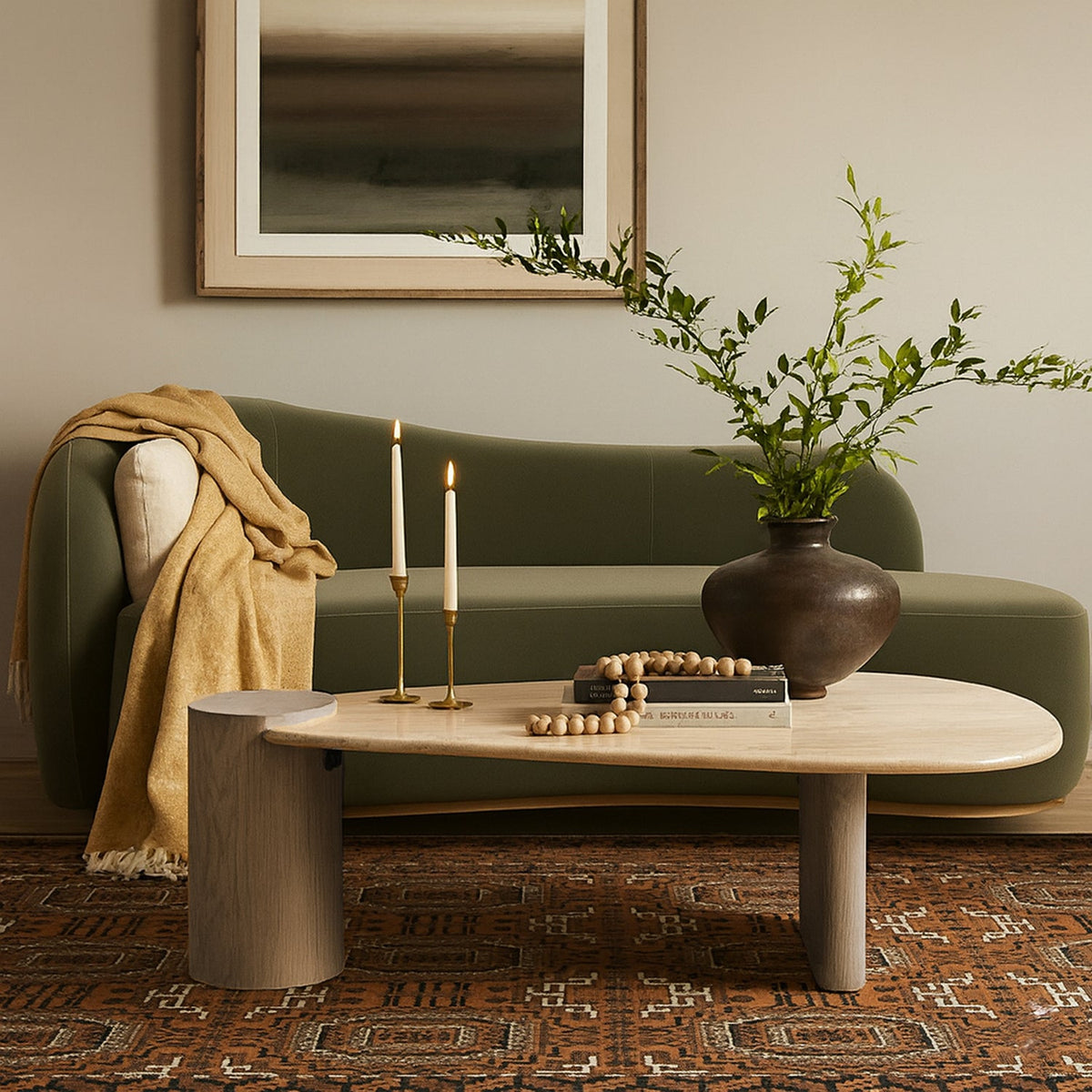Taverna Natural Travertine Top And Oak Wood Base Coffee Table