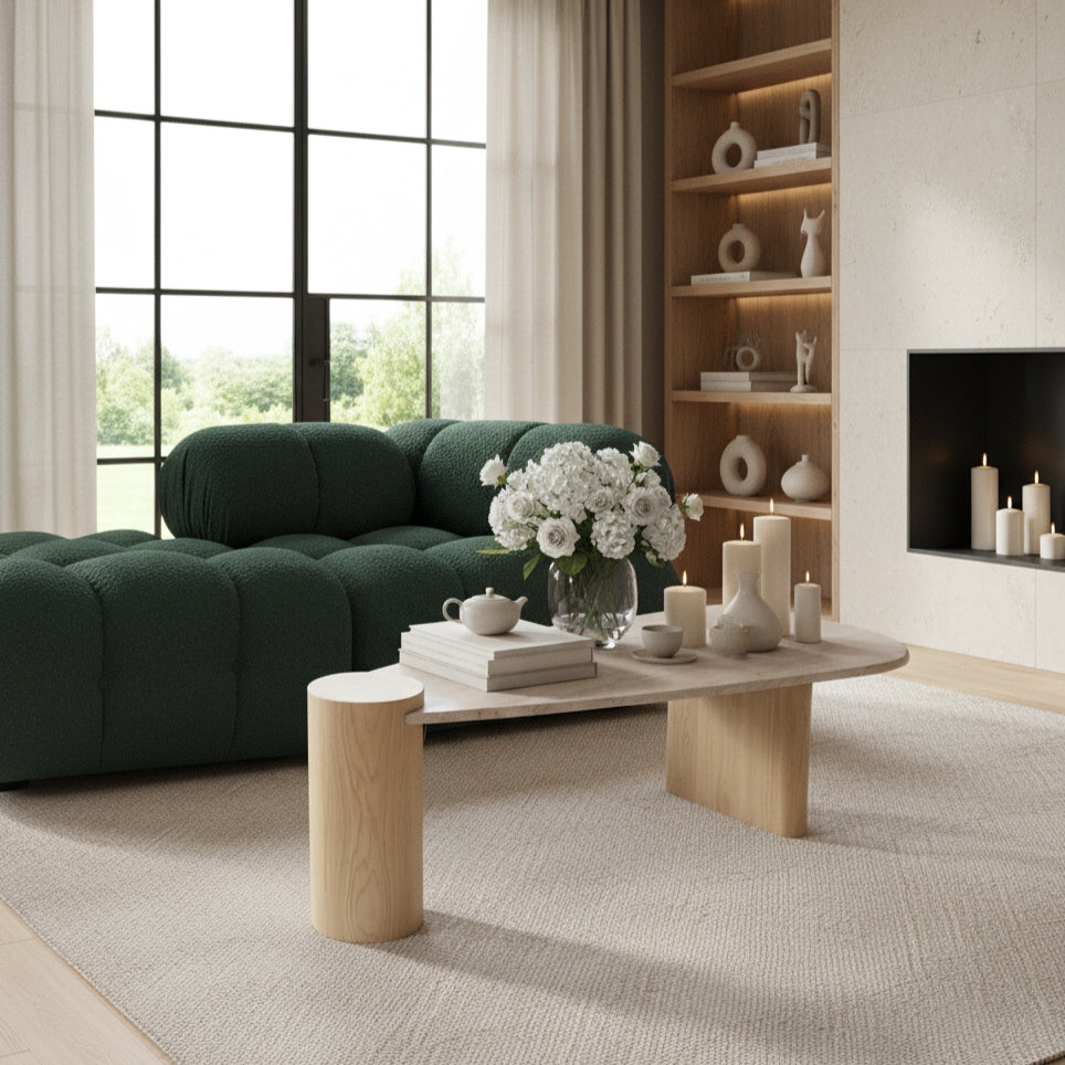 Taverna Natural Travertine Top And Oak Wood Base Coffee Table