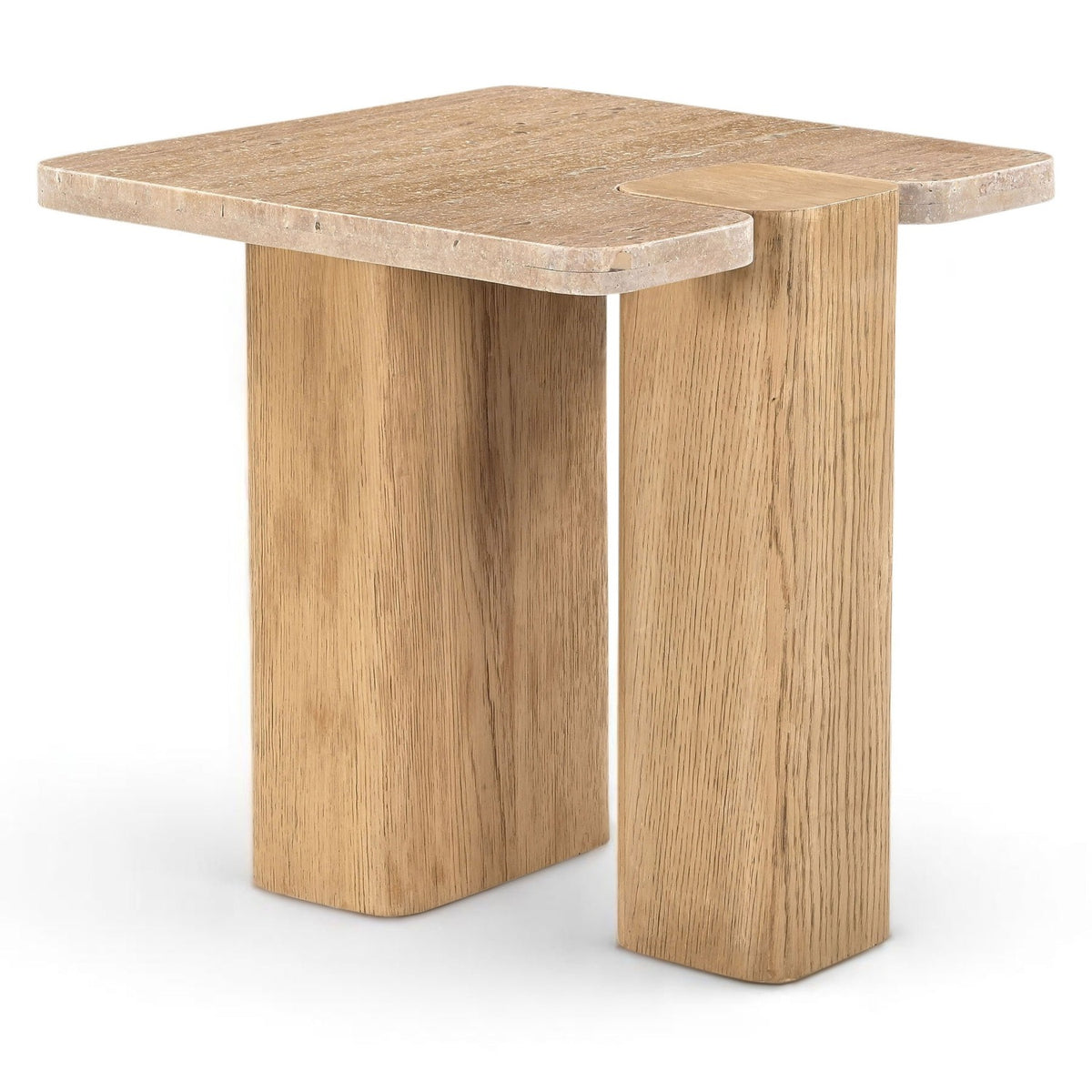 Ravenna Natural Genuine Travertine and Oak Wood End / Side Table in travertine on natural oak base, primary product view