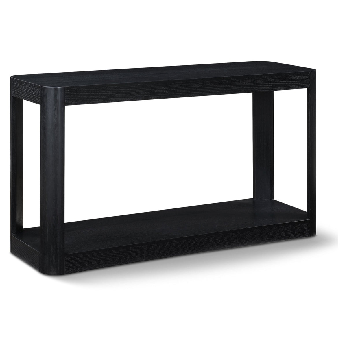 Reeves Black Solid Wood And Burl Veneer Console Table in black-finished oak veneer, primary product view