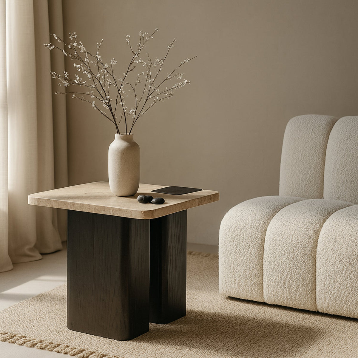 Ravenna Natural Genuine Travertine Top And Oak Wood Base End Side Table Set of 2
