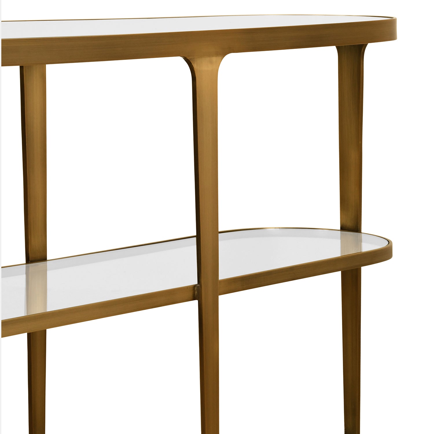 Worlds Away Addison Brass Console Table in Antique Brass Metal, detail of the open shelf