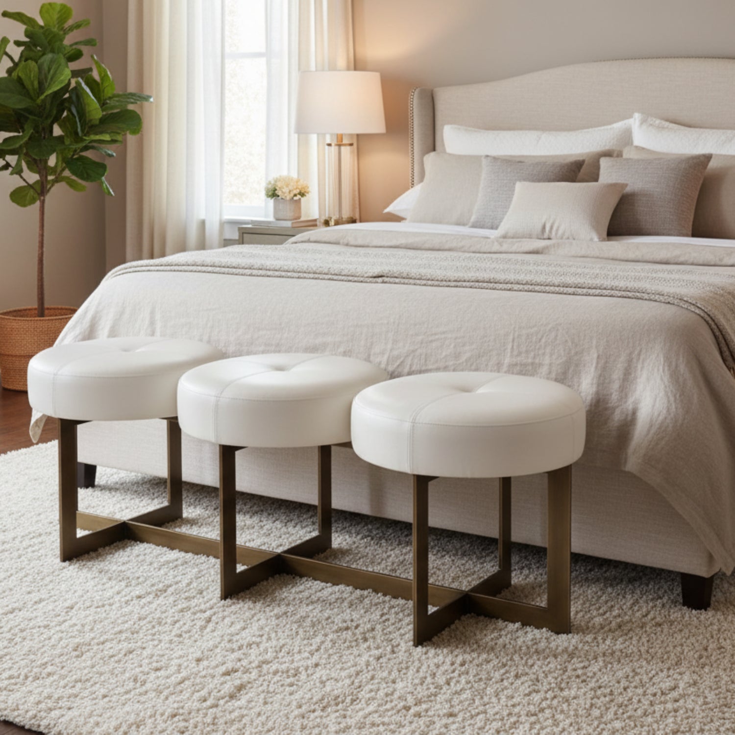 John Richard White Leather Button Bench