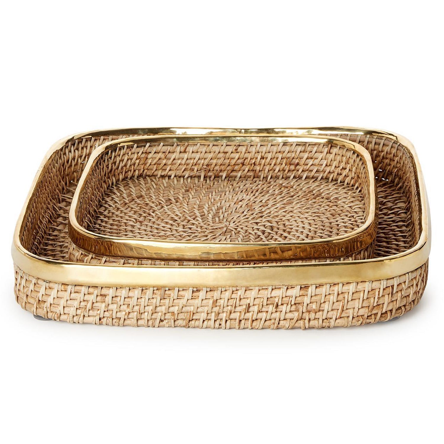 Rectangle Hand Woven Rattan Tray with Brass Rim Accent Set of 2