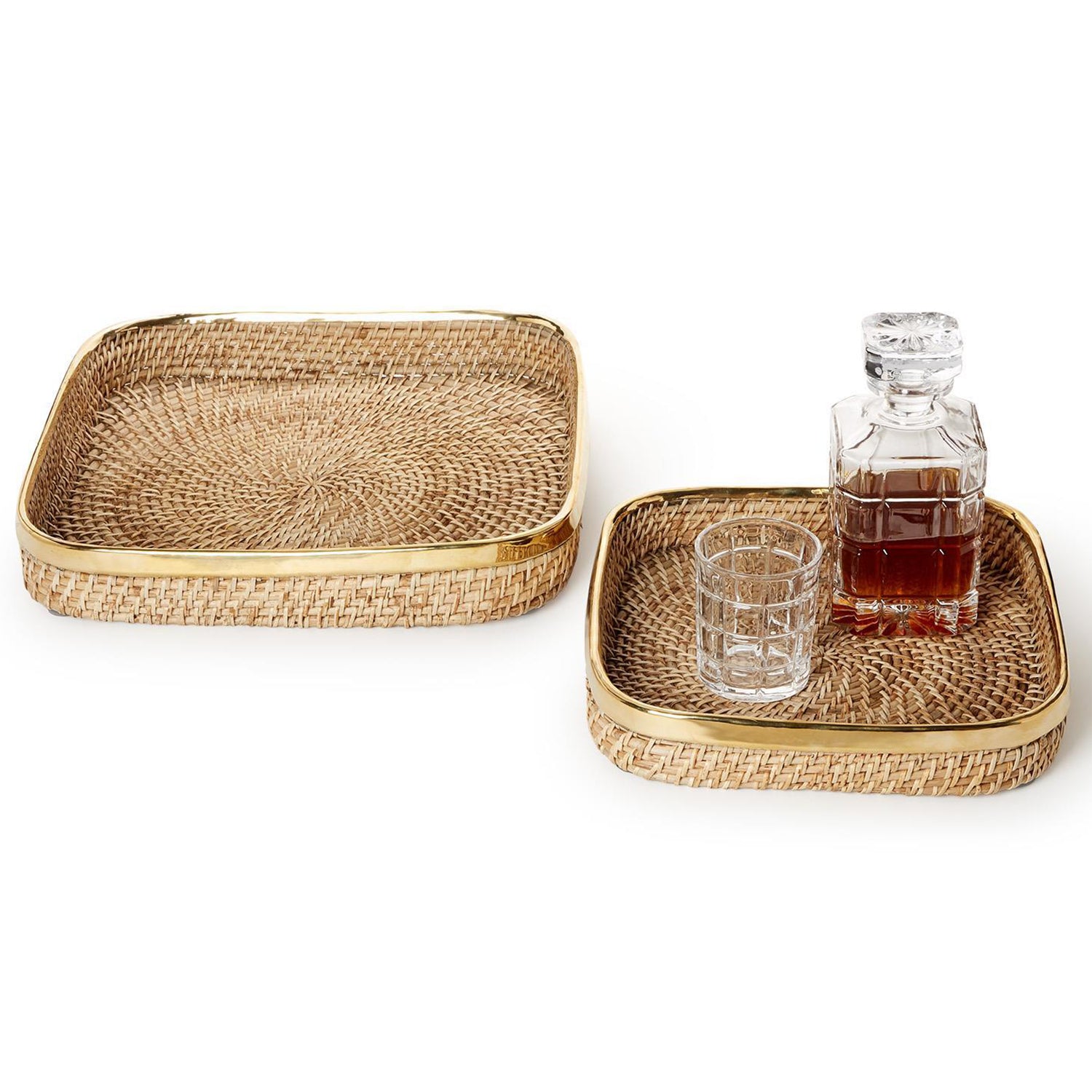 Rectangle Hand Woven Rattan Tray with Brass Rim Accent Set of 2