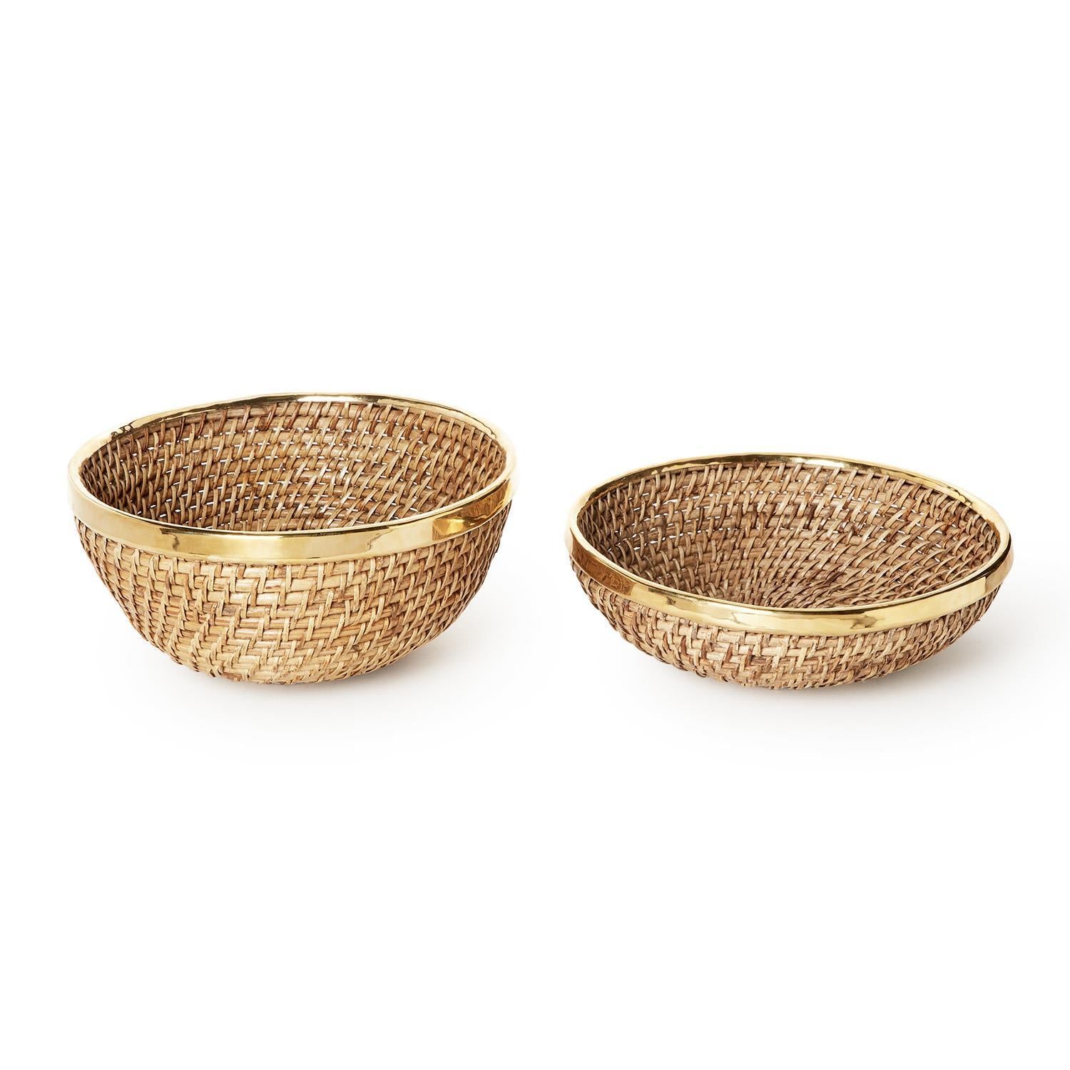 Round Hand Woven Rattan Bowl with Brass Rim Accent Set of 2