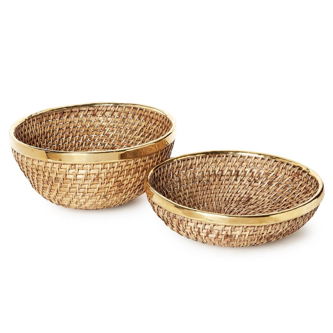 Round Hand Woven Rattan Bowl with Brass Rim Accent Set of 2