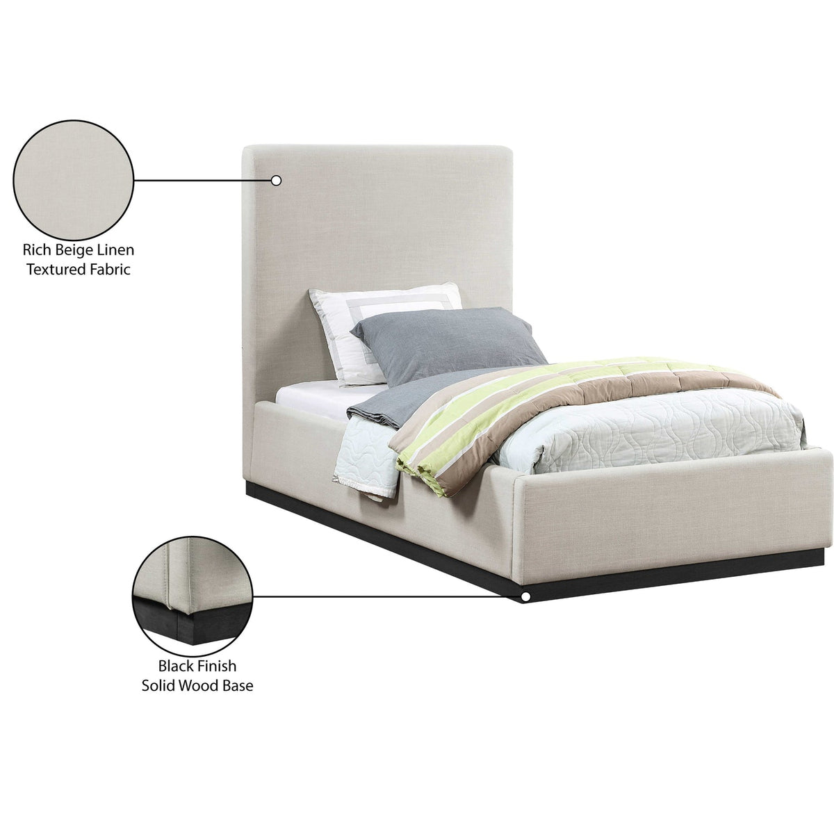 Alfie Beige Linen Textured Fabric Upholstered Bed