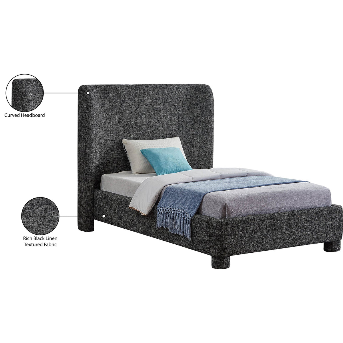 Penny Black Linen Textured Fabric Upholstered Bed