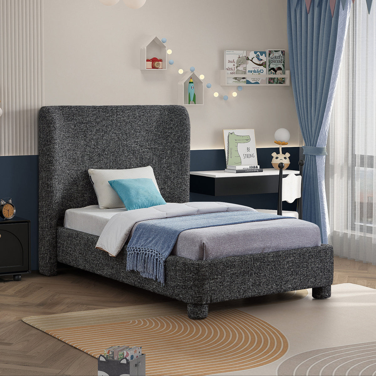 Penny Black Linen Textured Fabric Upholstered Bed