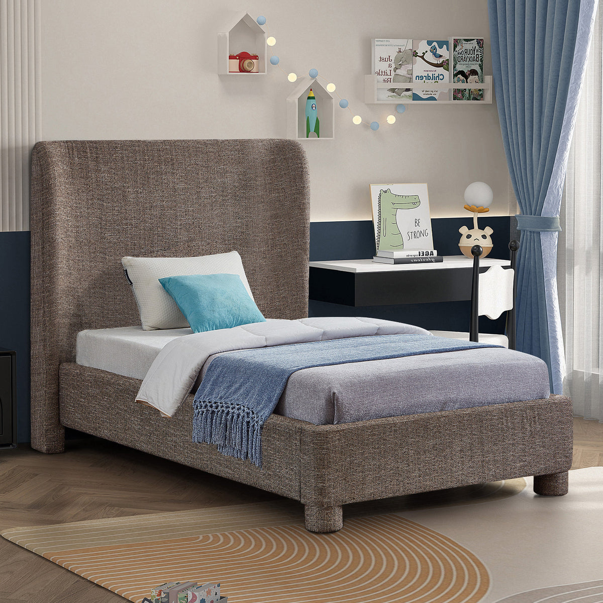 Penny Brown Linen Textured Fabric Upholstered Bed