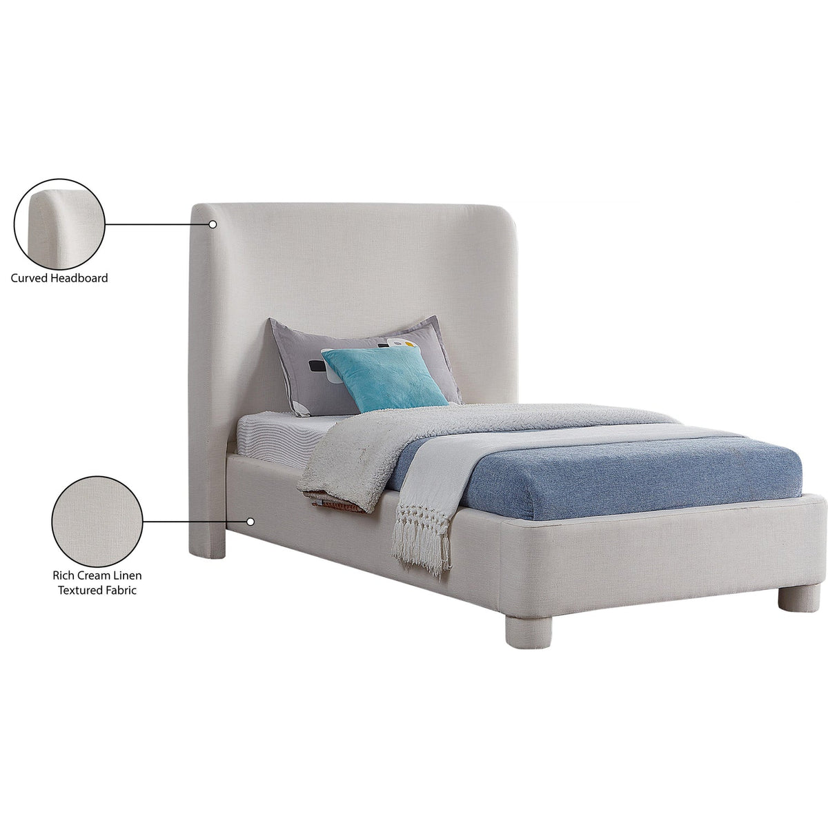 Penny Cream Linen Textured Fabric Upholstered Bed