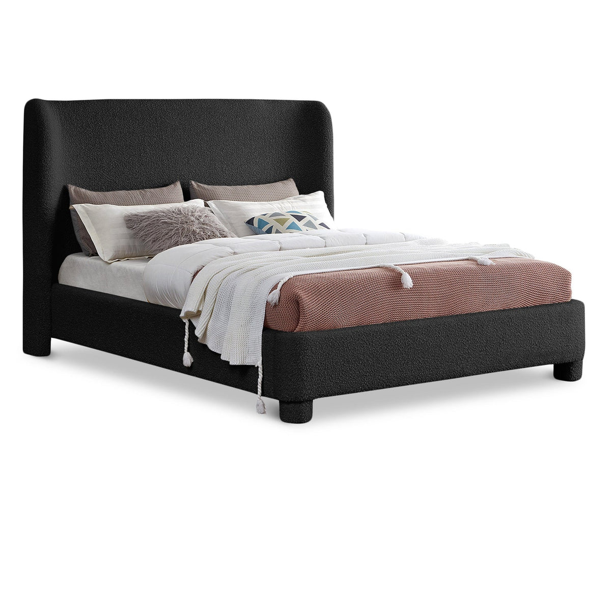 Penny Black Boucle Fabric Upholstered Bed