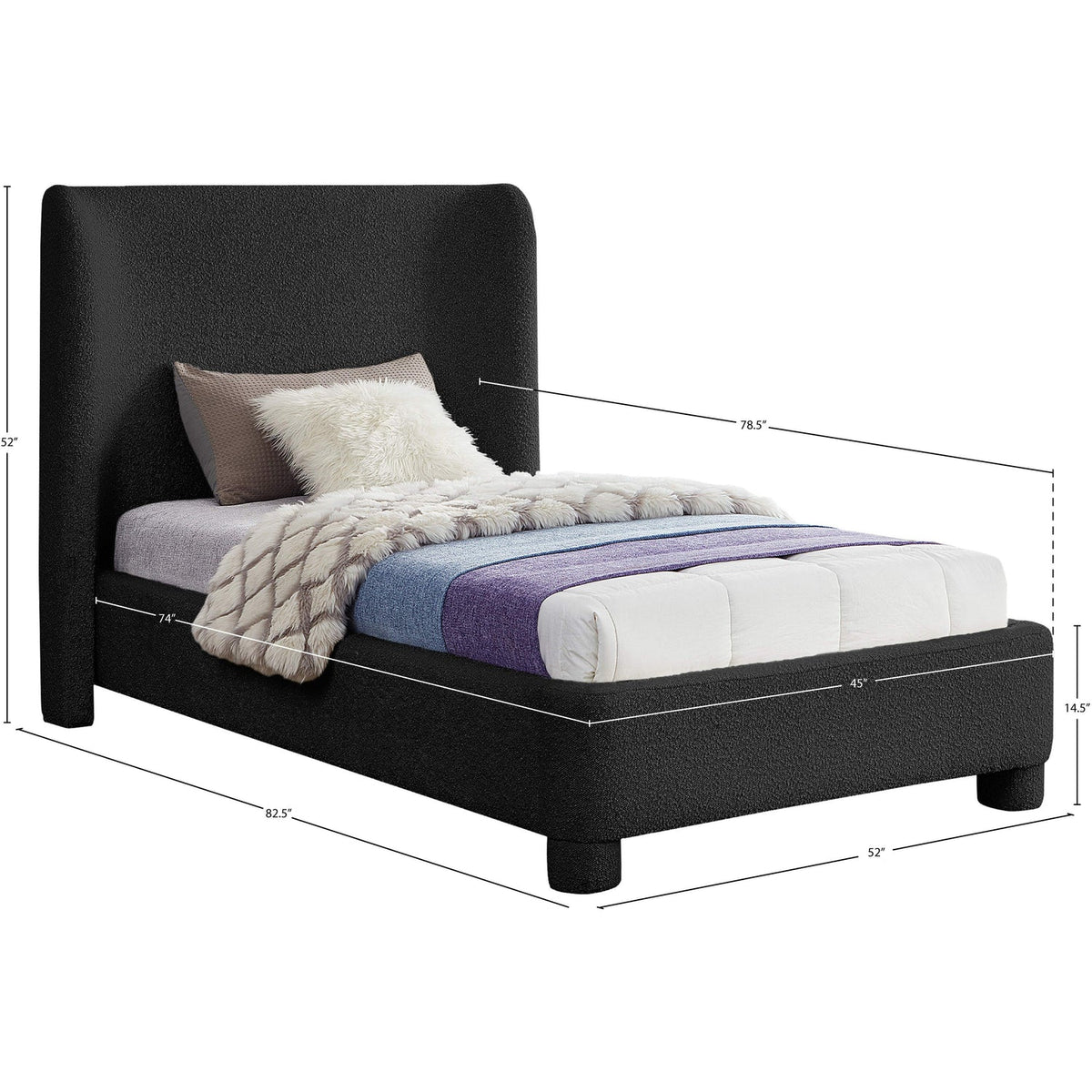 Penny Black Boucle Fabric Upholstered Bed