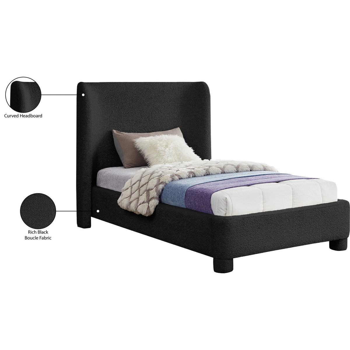 Penny Black Boucle Fabric Upholstered Bed