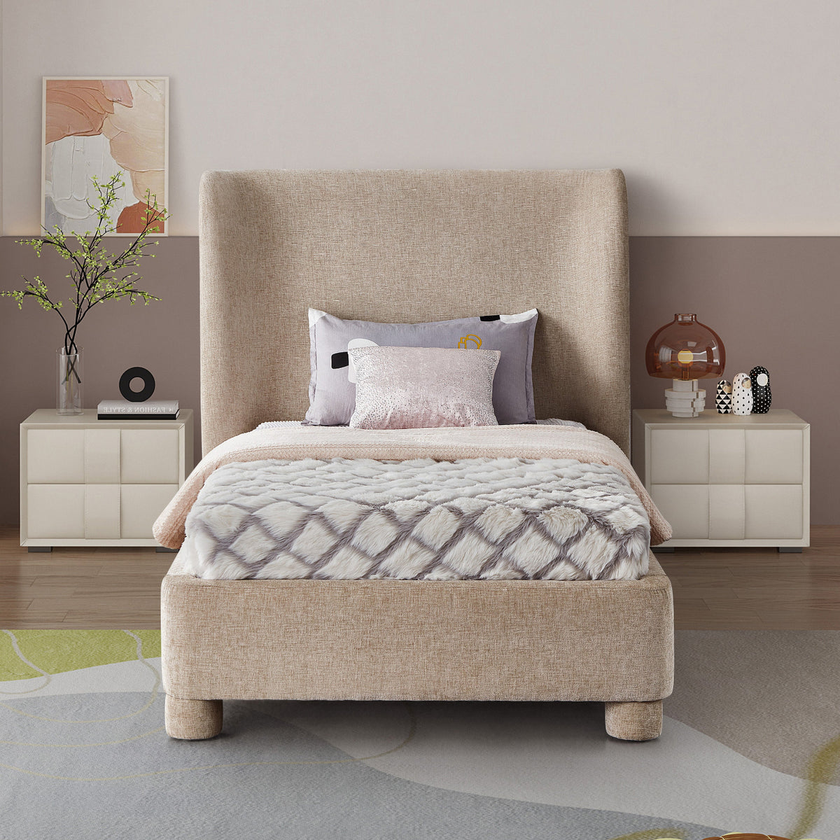 Penny Beige Chenille Fabric Upholstered Bed