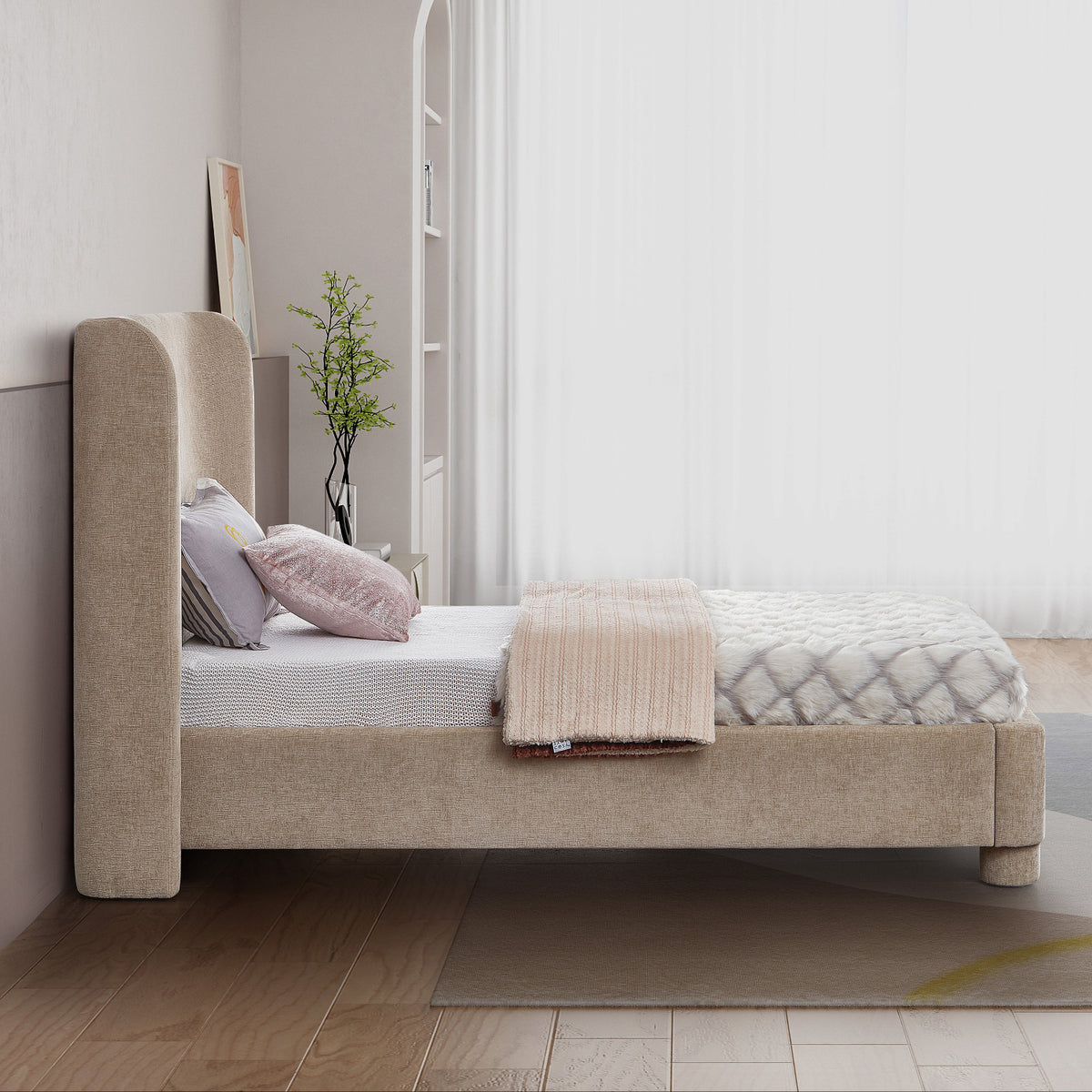 Penny Beige Chenille Fabric Upholstered Bed