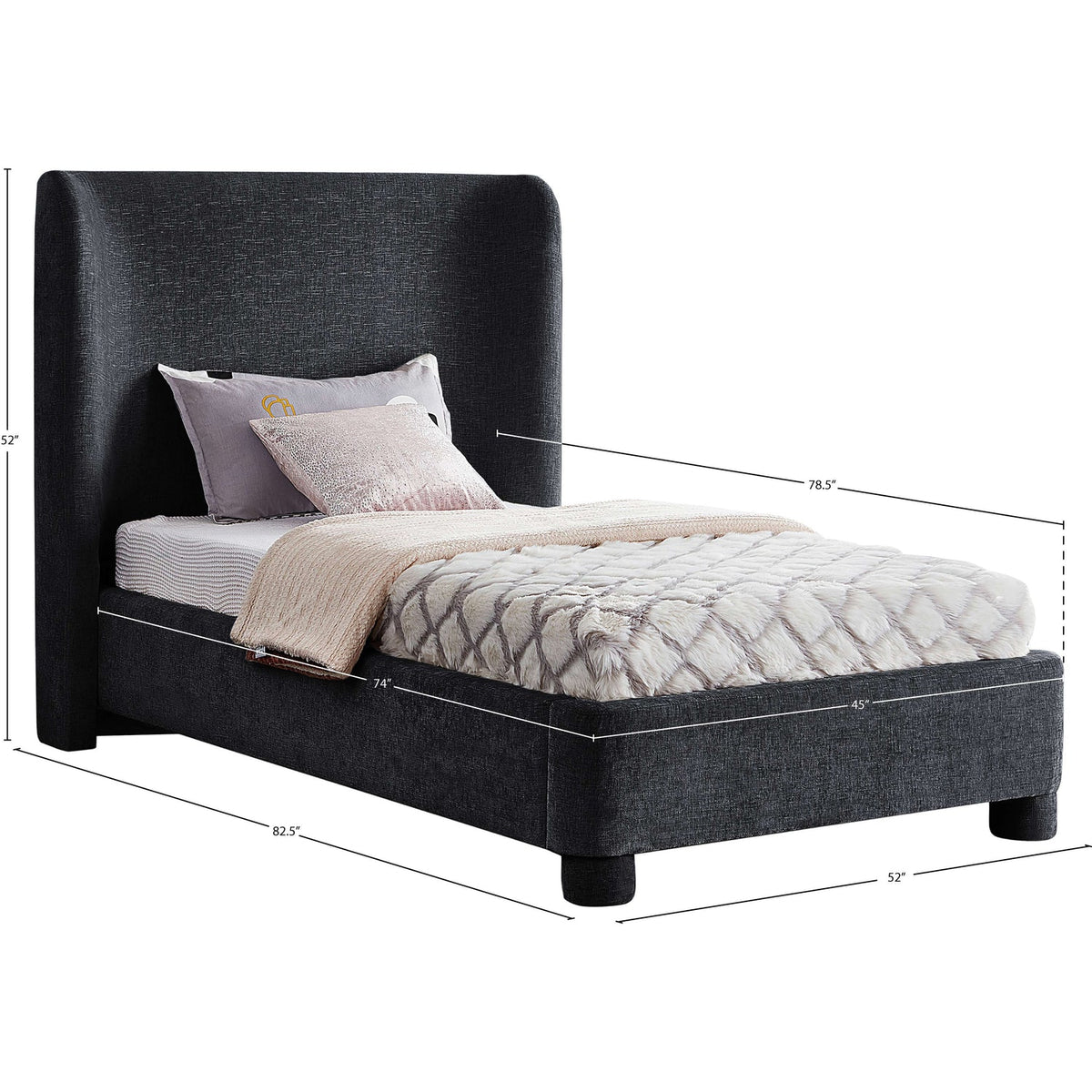 Penny Black Chenille Fabric Upholstered Bed