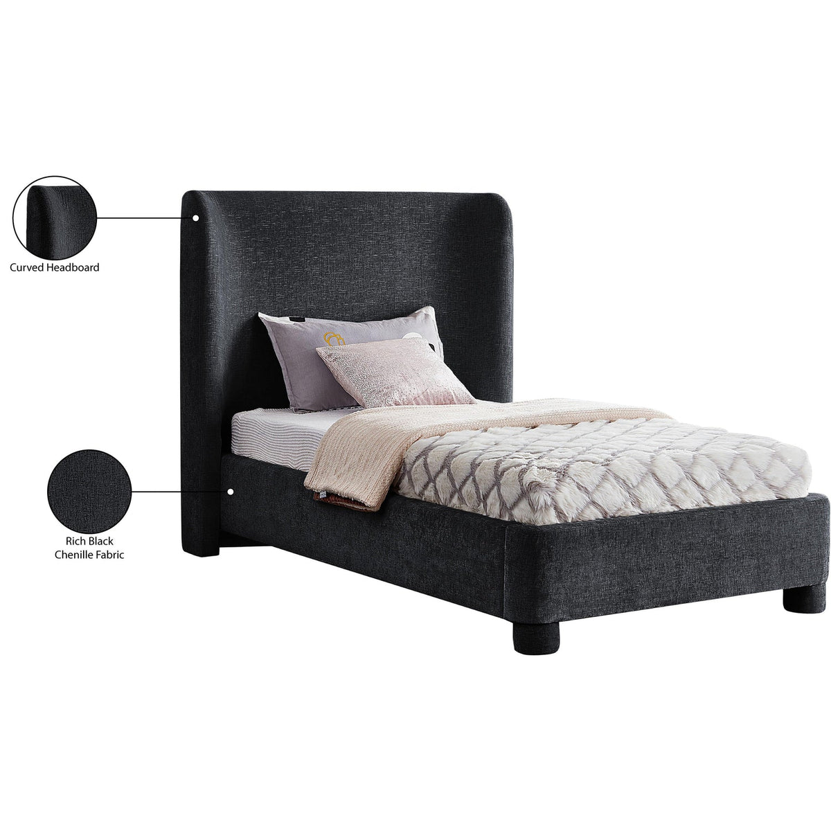 Penny Black Chenille Fabric Upholstered Bed
