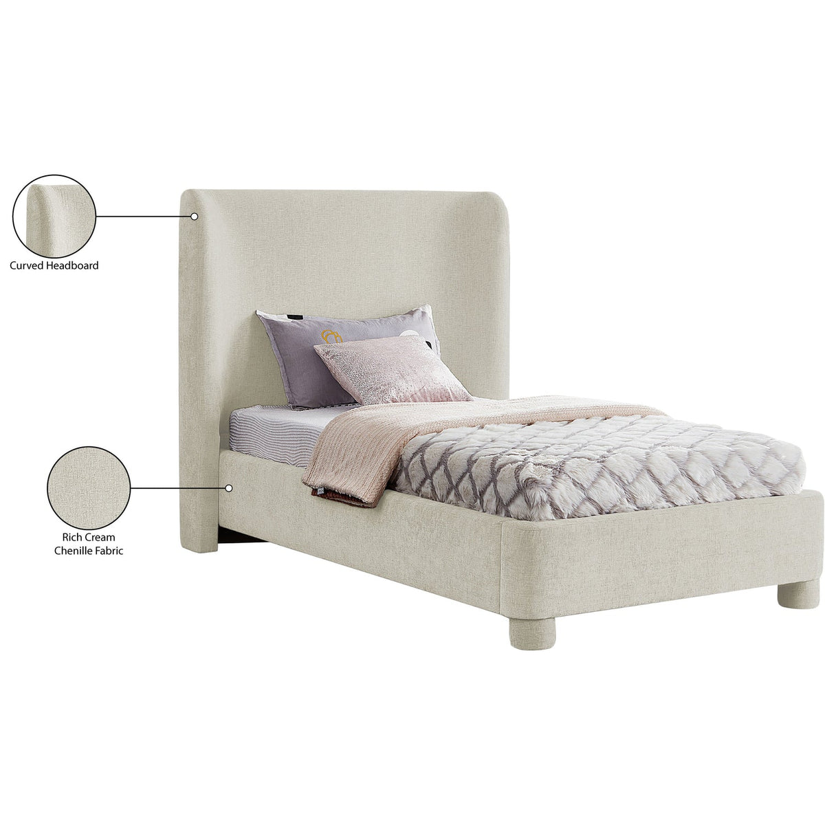 Penny Cream Chenille Fabric Upholstered Bed