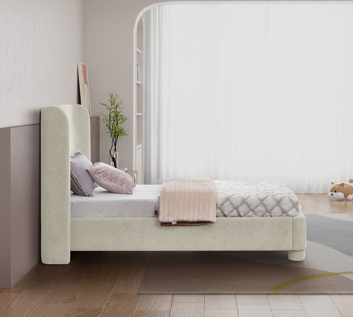 Penny Cream Chenille Fabric Upholstered Bed