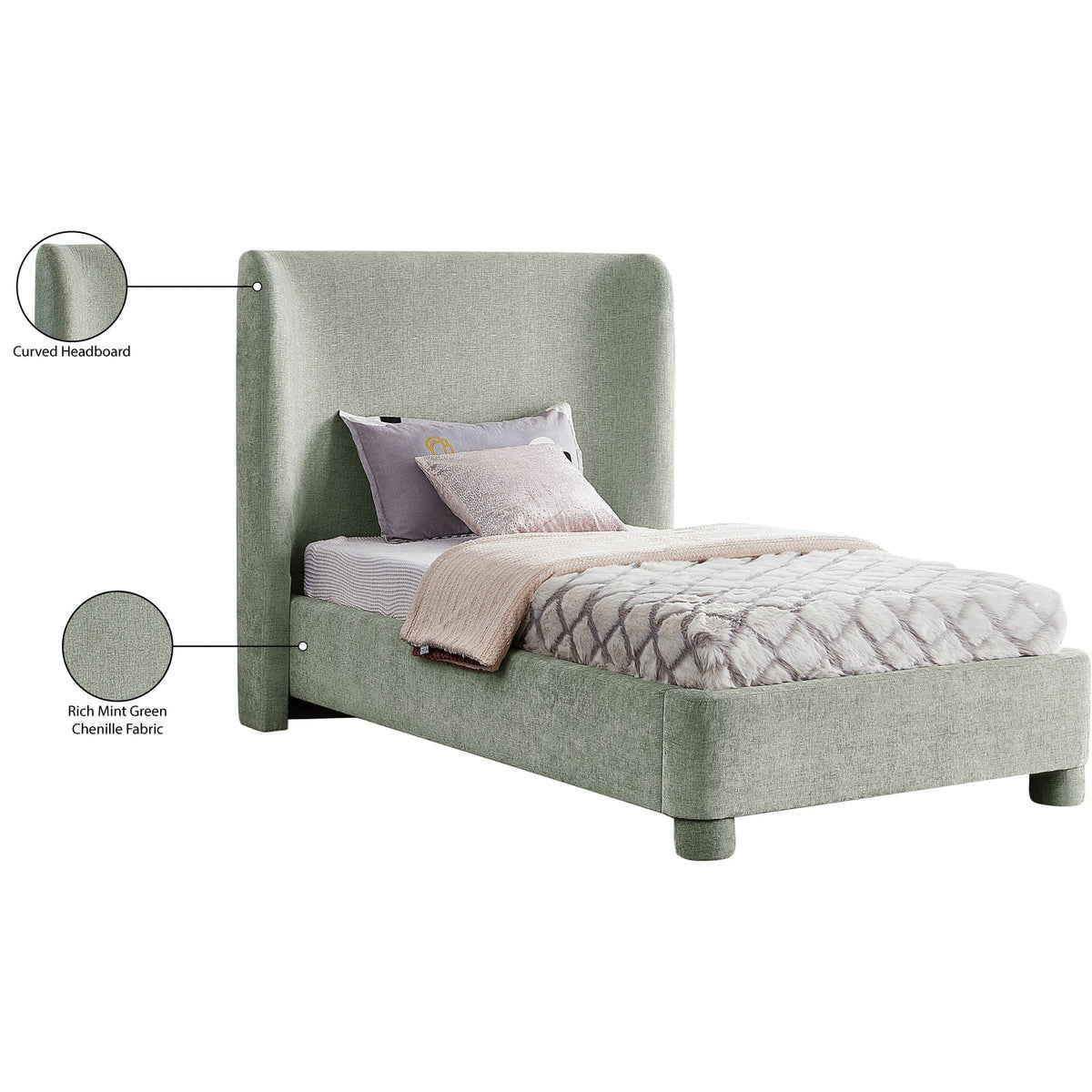 Penny Mint Green Chenille Fabric Upholstered Bed