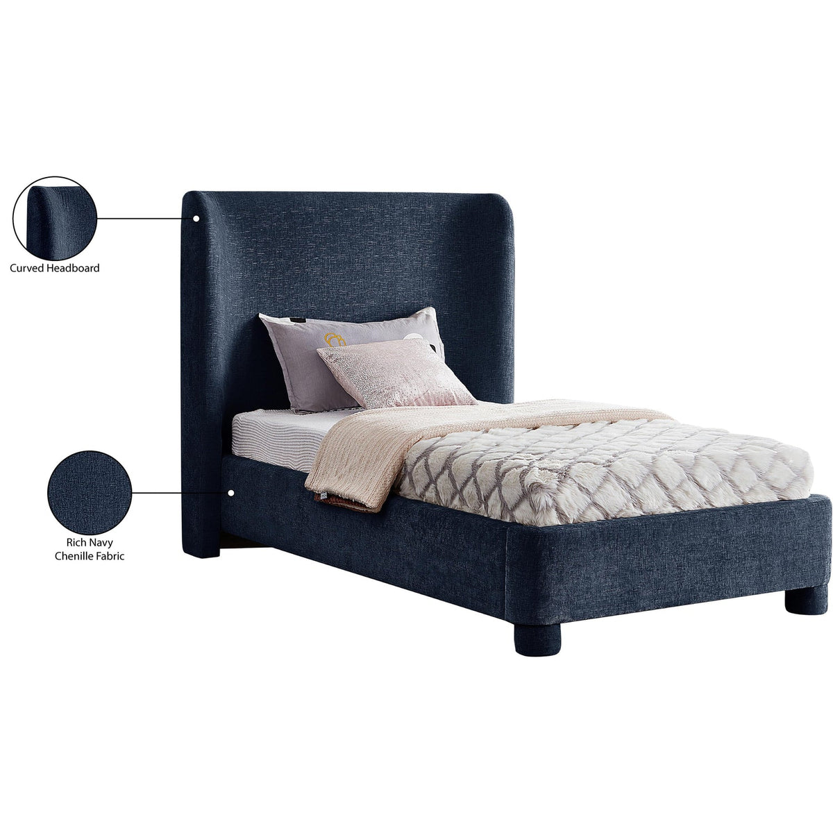 Penny Navy Chenille Fabric Upholstered Bed