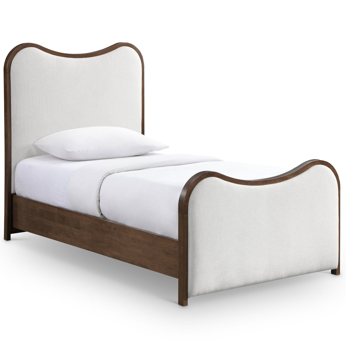 Arvada Cream Linen Textured Fabric Upholstered Bed in Cream, solid wood brown walnut finish, primary product view