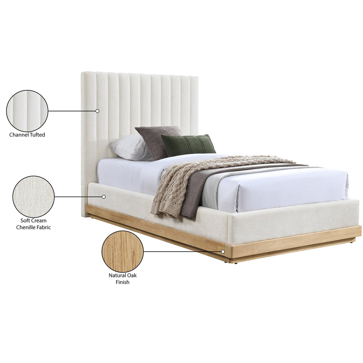 Emmet Cream Chenille Fabric Upholstered Bed