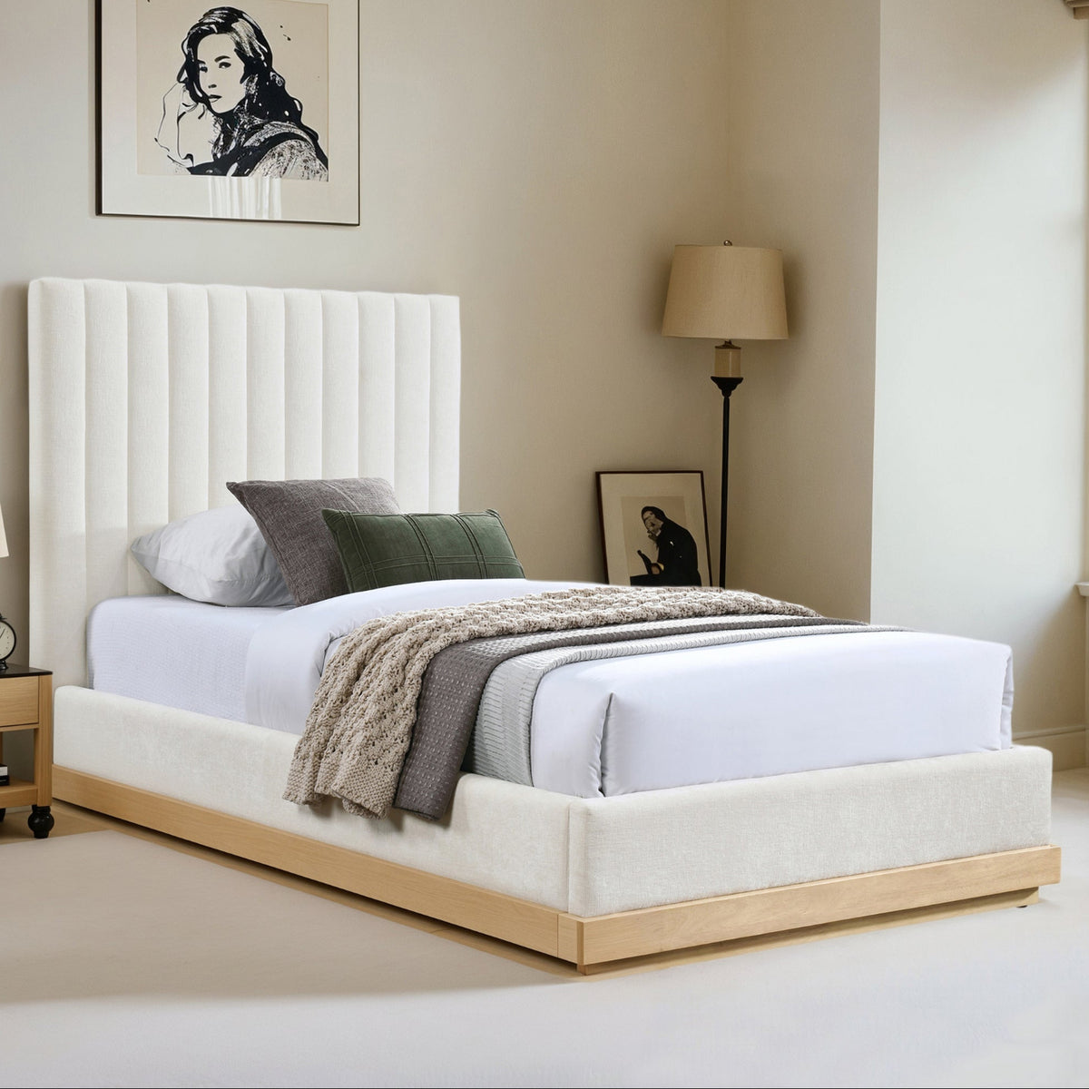 Emmet Cream Chenille Fabric Upholstered Bed
