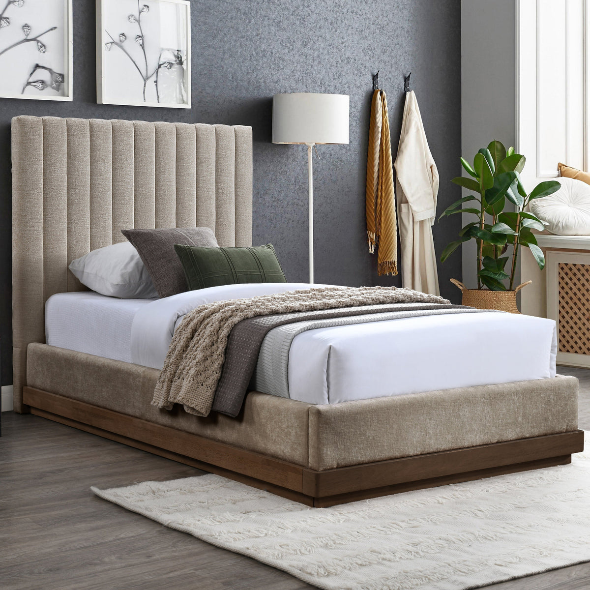 Emmet Beige Chenille Fabric Upholstered Bed