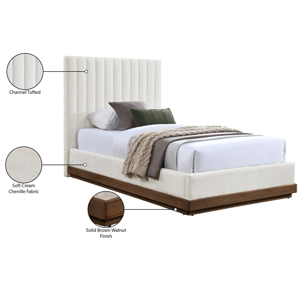 Emmet Cream Chenille Fabric Upholstered Bed