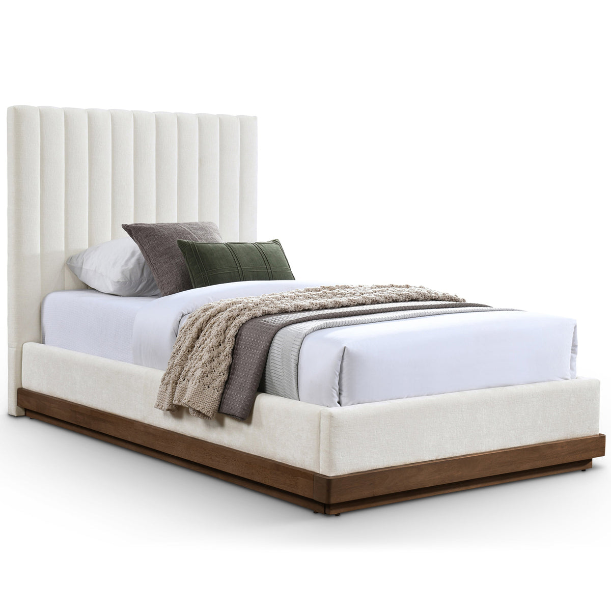 Emmet Cream Chenille Fabric Upholstered Bed in Cream, brown walnut finish, primary product view