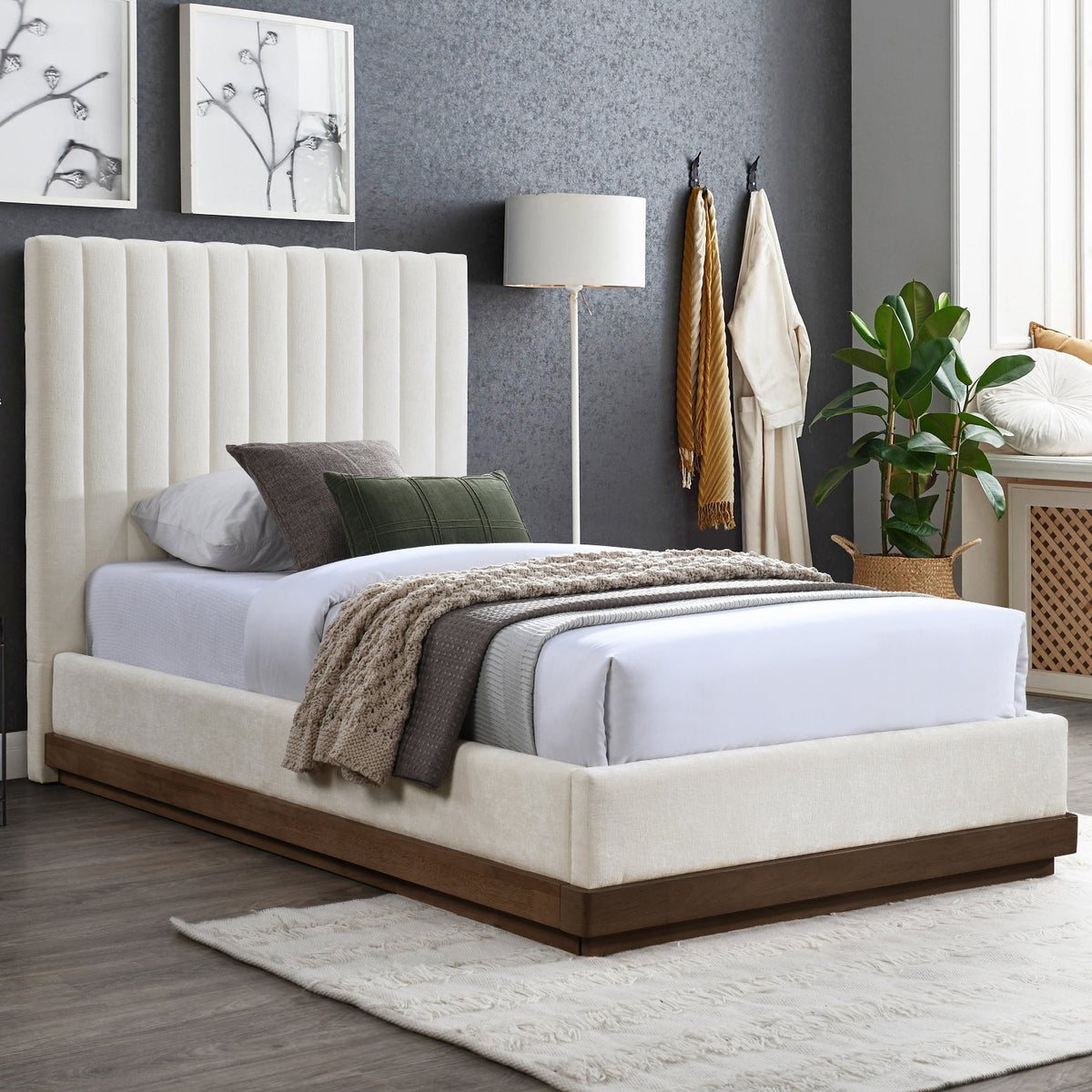 Emmet Cream Chenille Fabric Upholstered Bed