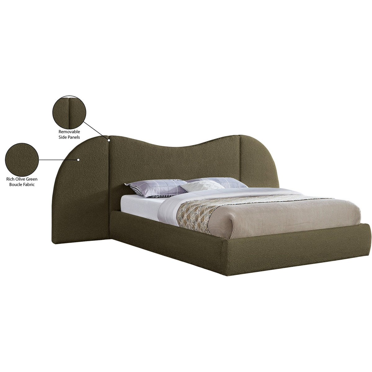 Everest Olive Green Boucle Fabric Upholstered Bed