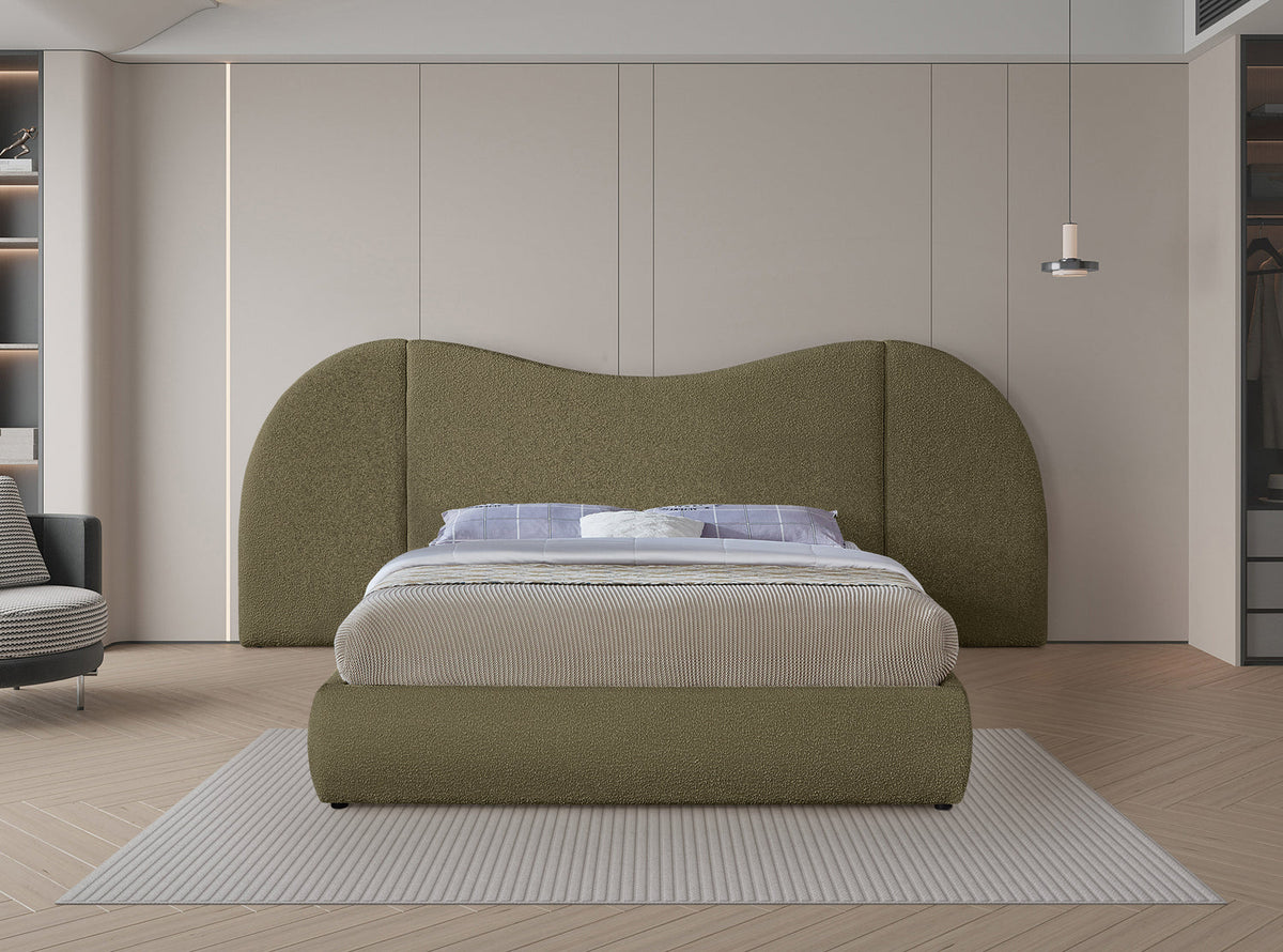 Everest Olive Green Boucle Fabric Upholstered Bed