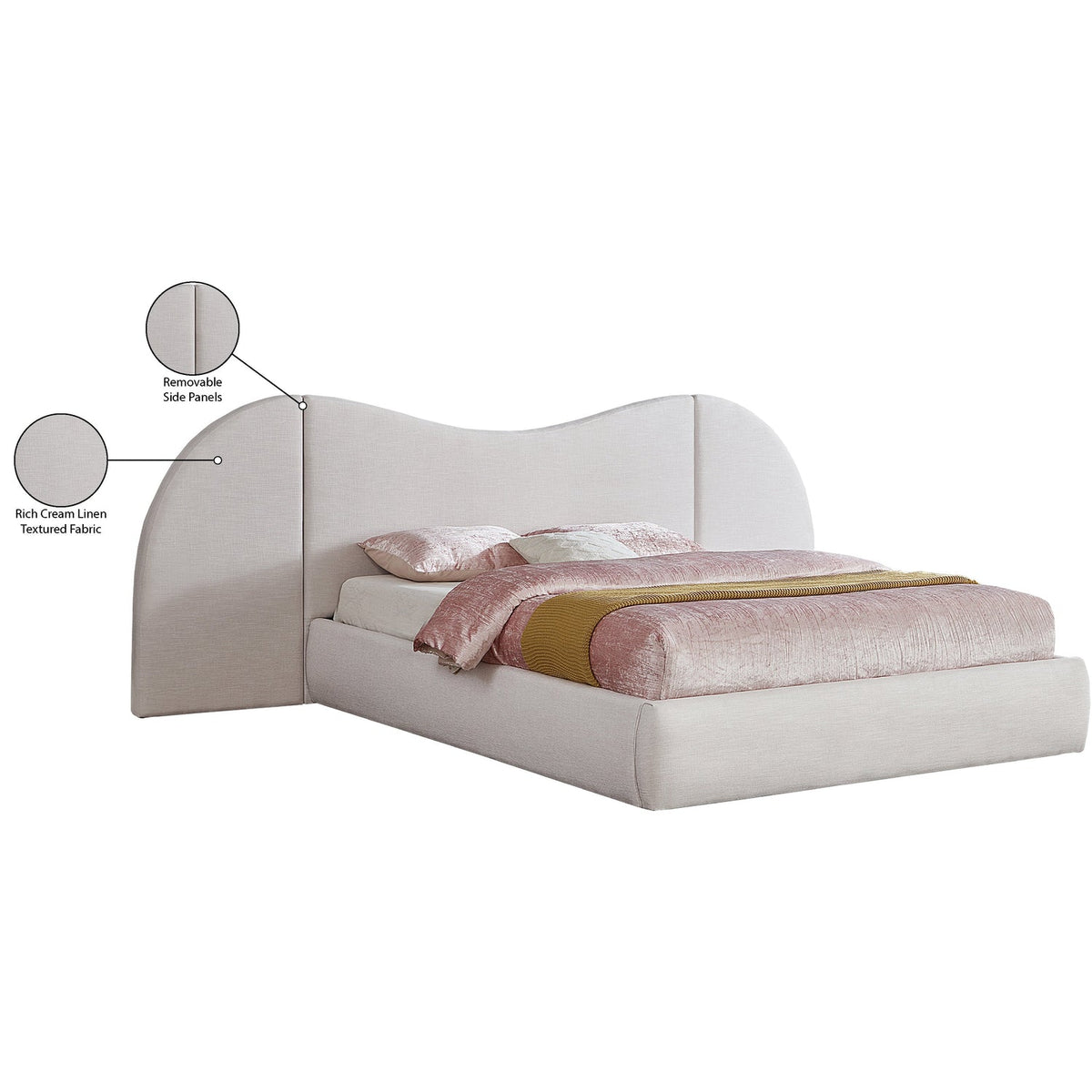 Everest Cream Linen Textured Fabric Upholstered Bed